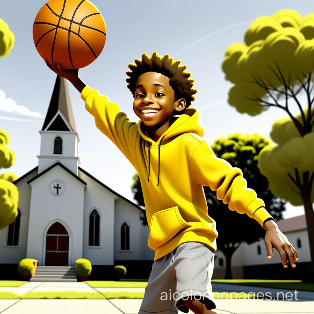 happy, smiling 13-year-old African American boy with yellow hoodie, playing basketball in front of church, Coloring Page, black and white, line art, white background, Simplicity, Ample White Space. The background of the coloring page is plain white to make it easy for young children to color within the lines. The outlines of all the subjects are easy to distinguish, making it simple for kids to color without too much difficulty