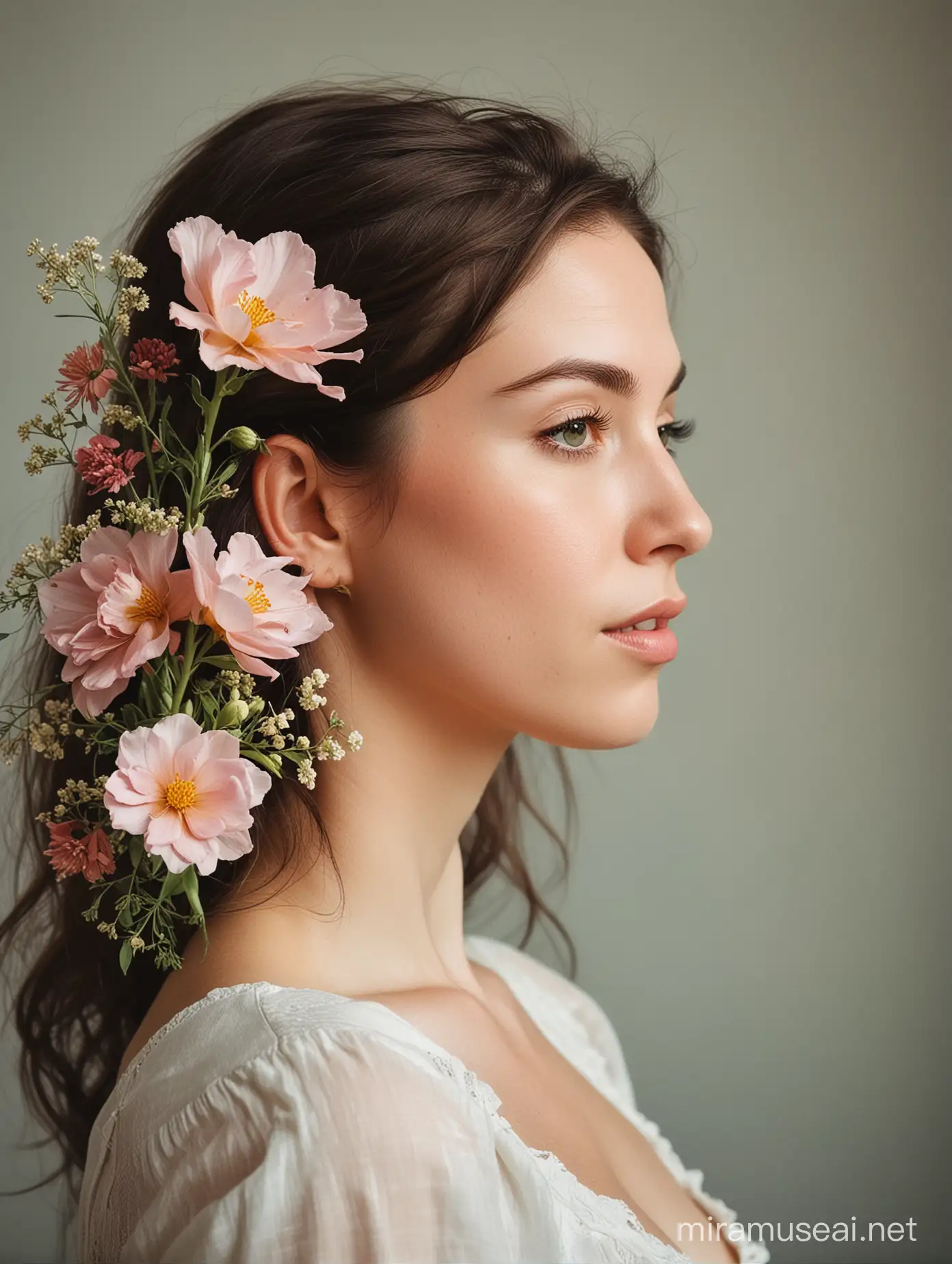Portrét ženy s polo profilu s kvetmi 