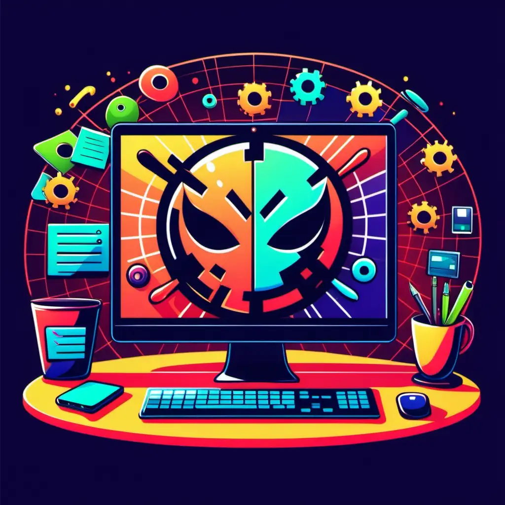 web website hacking, cartoon style, tech color palette