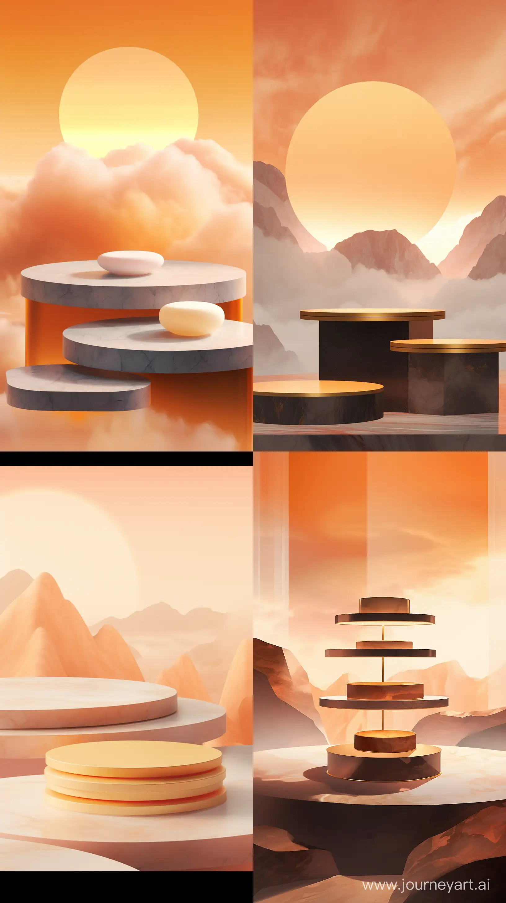 Three marble product display platforms in a modern setting. The platforms are made of dark brown marble with simple, minimalist designs. The background is a gradient of orange and yellow, reminiscent of a desert sunset. It creates a soft, gentle, calm, dreamy and charming atmosphere. --ar 9:16 --s 200 --niji