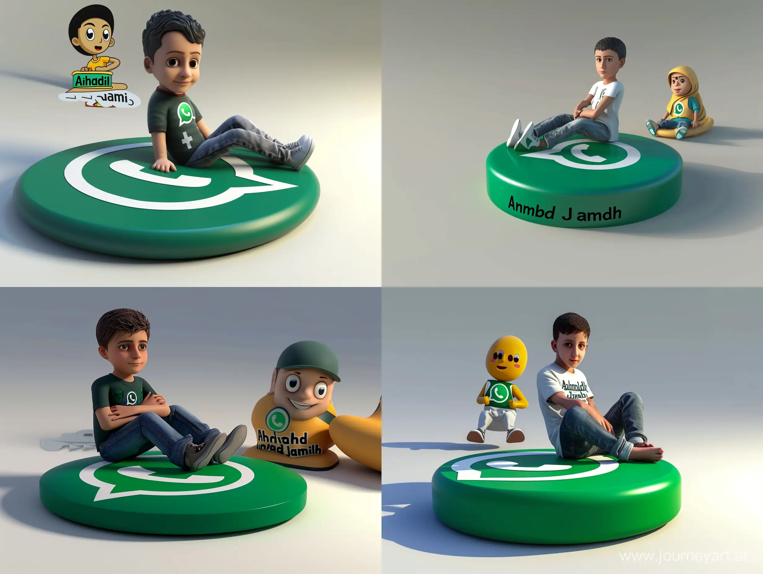 A 3d render young boy is sitting on a WhatsApp logo with his legs crossed, He has a WhatsApp profile background and the word "Ahmad Jamil" his background WhatsApp profile. The image also features a cartoon version of him in the background, sitting next to the 3d model.