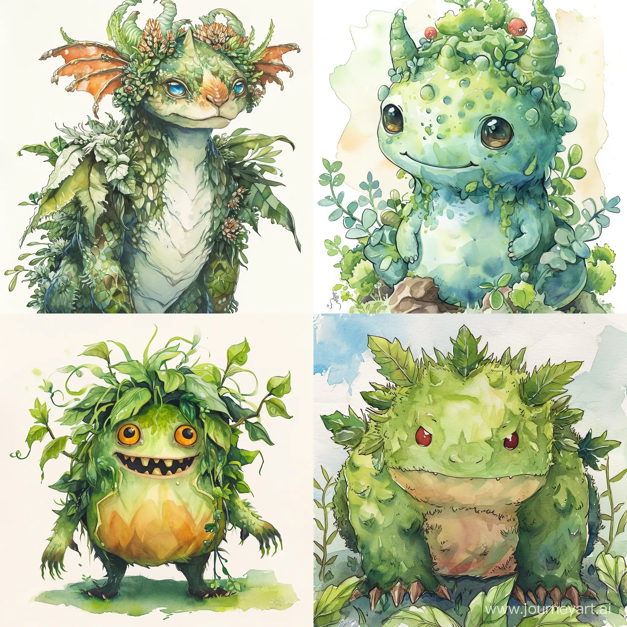 An anime plant animal monster, watercolor