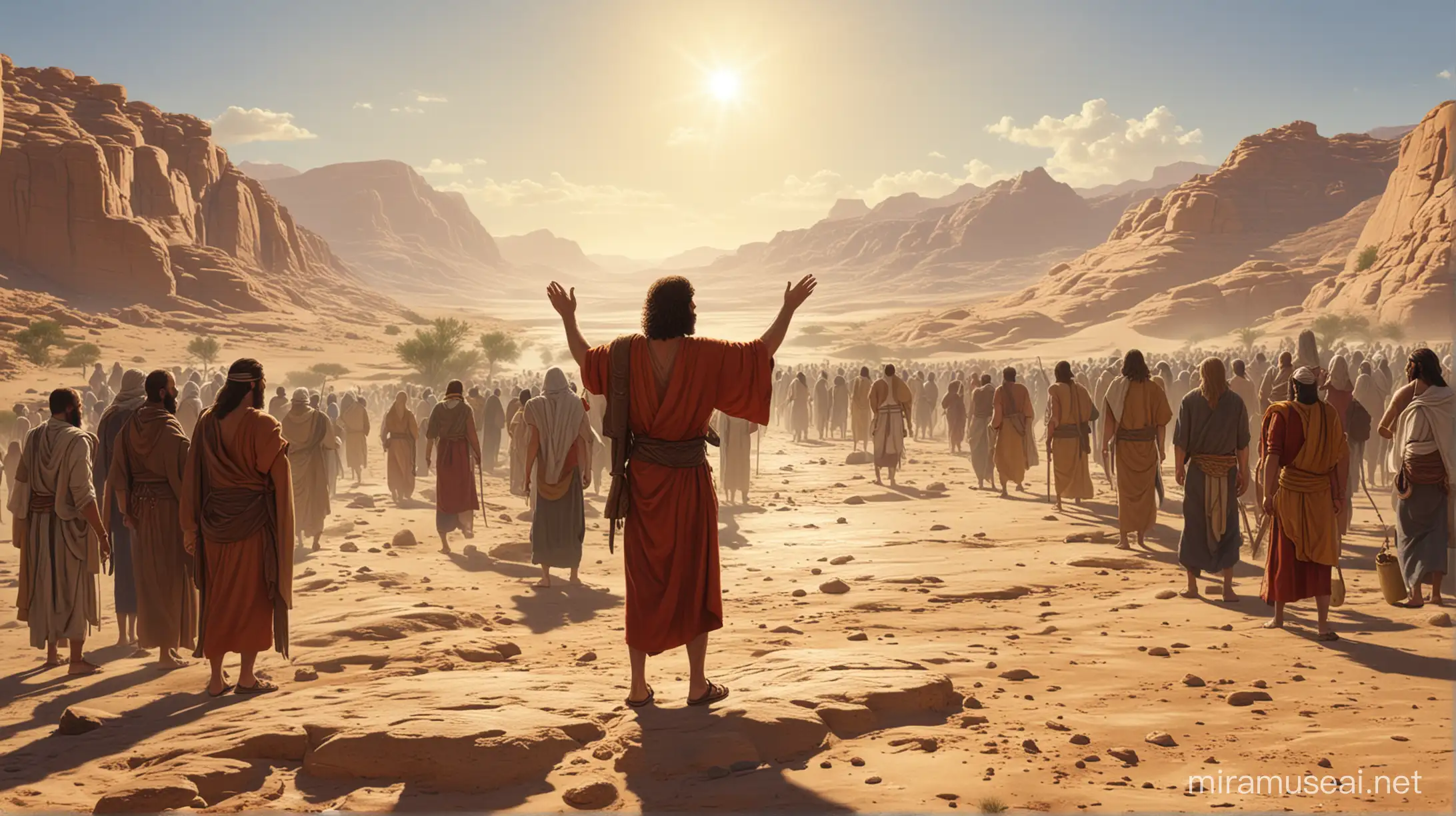 The people are in the desert and moses brings forth water from a rock