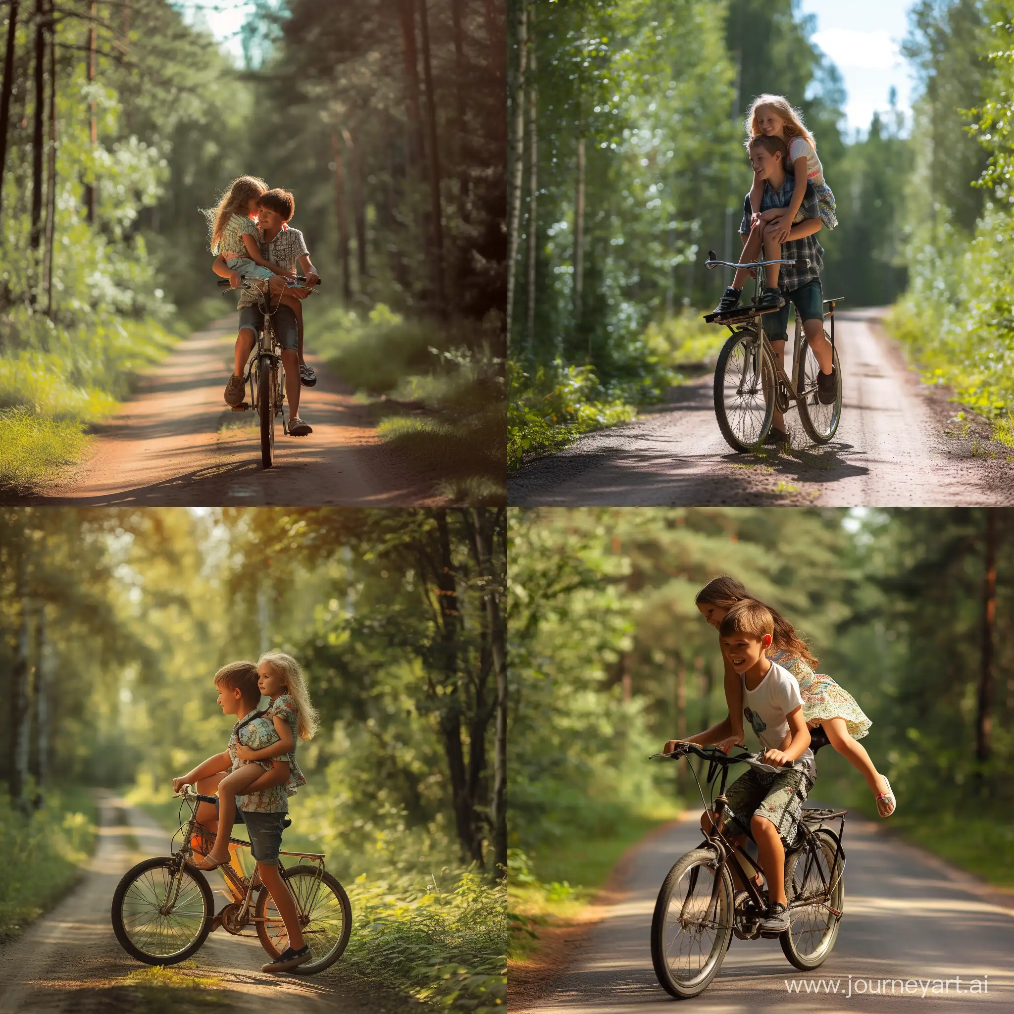 Мальчик везёт девочку на заднем багажнике велосипеда по лесной дороге, весёлое настроение, летний солнечный день, фотография, гиперреализм, высокое разрешение