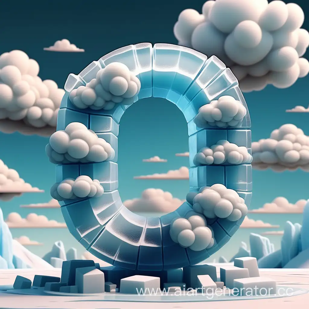 Unusual logo in the form of the letter " O " made of ice, cartoon clouds on the background
