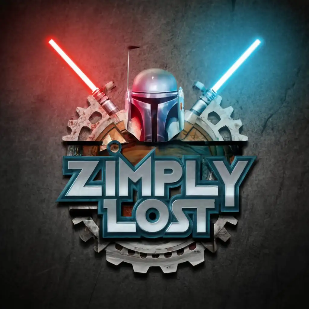 logo, rustic Starwars inspired Logo with clone wars, mechanic elements and Light Sabers elements, with just the text "ZIMPLYLOST", typography