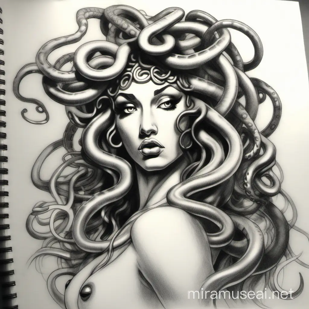 A sexy seductive pencil sketch of medusa , easy to draw