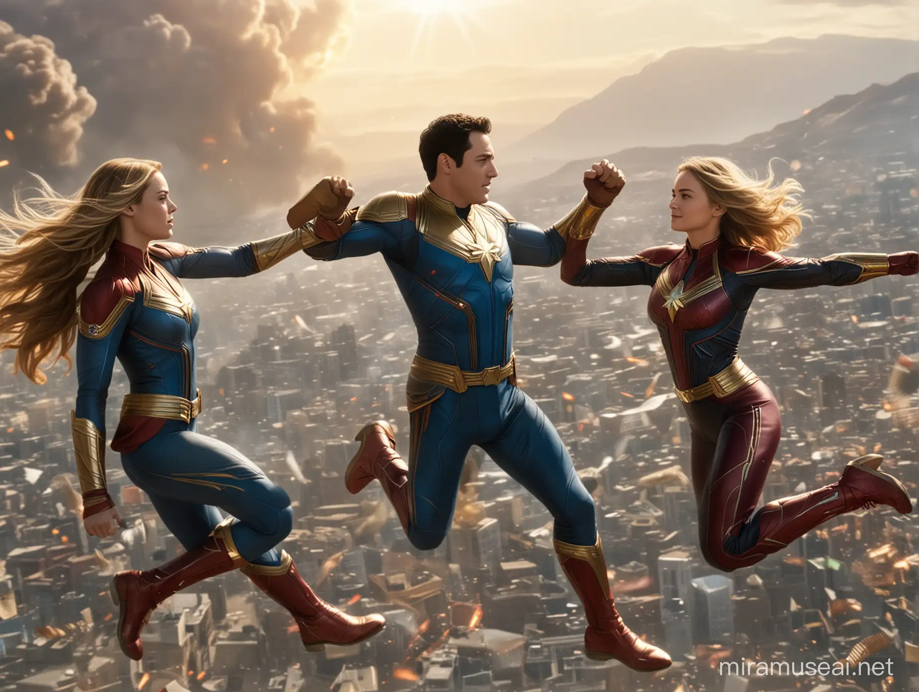 Zachary Levy as Shazam vs Brie Larson as Captain Marvel. The are flying slowly toward one another with the arm cocked to throw a punch. 