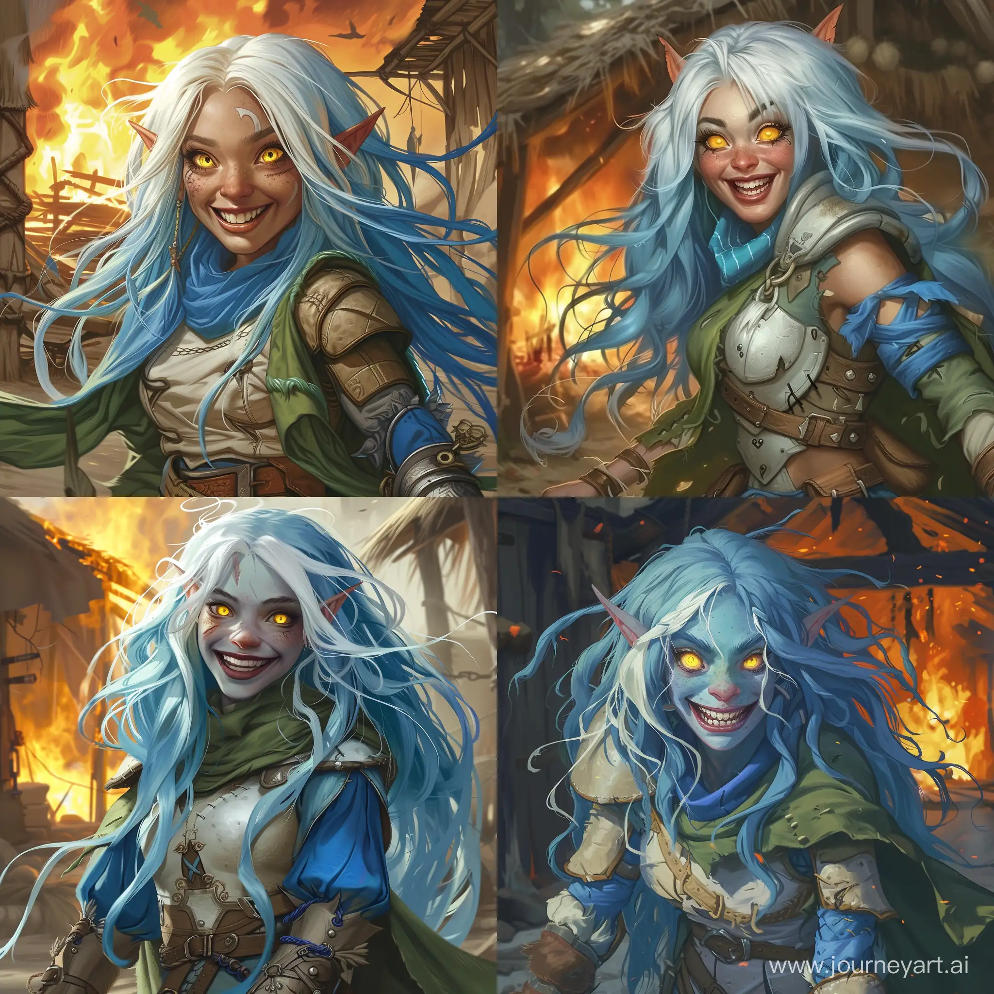 Half-elf girl with long voluminous blue hair, with white streaks and yellow eyes. Clear pale skin. Happy crazy smile on her face. She wears light leather armor with blue fabric elements, leather armored bracers, green cloak.  There is a fire in the background, a burning hut.