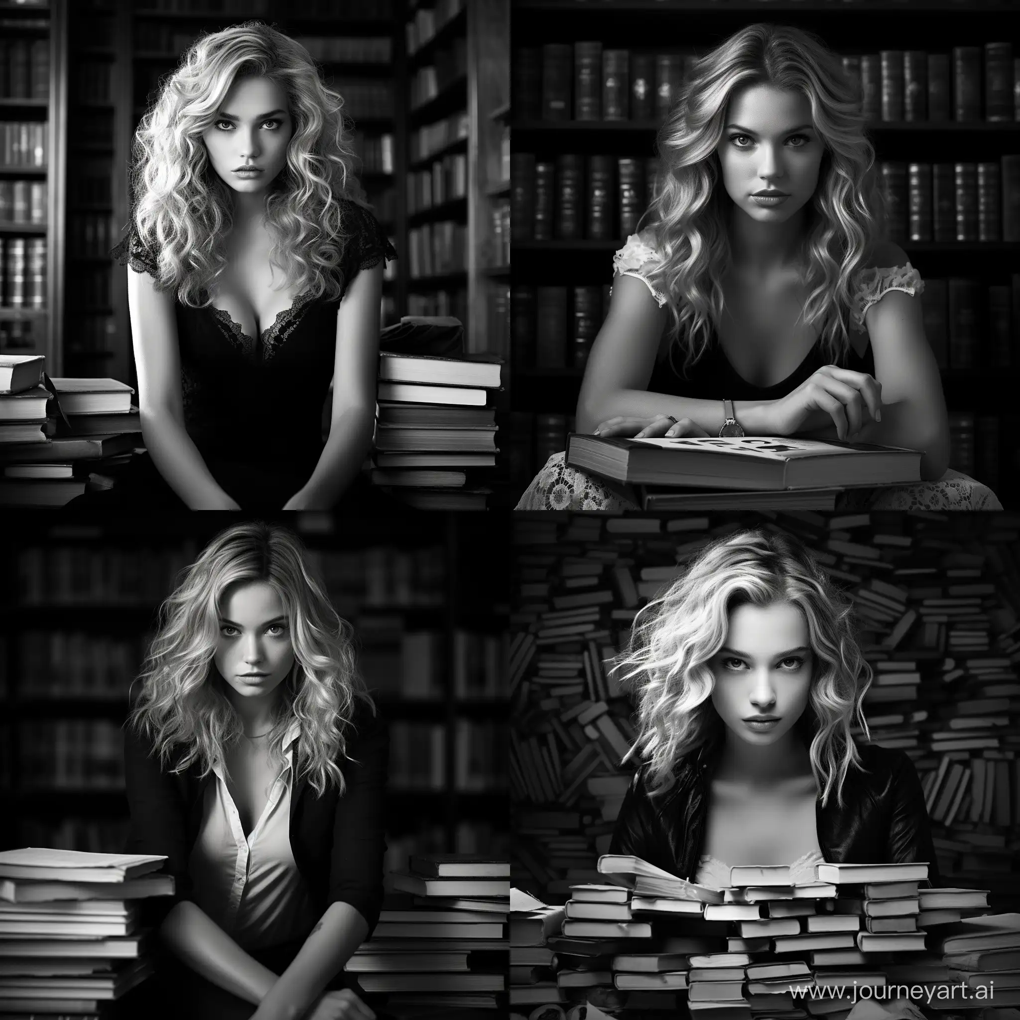 Создай фото черно-белое реалистичное, где мудрая девушка с русыми волосами и мудрыми глазами, на фоне книг, обладающая сильной женской энергией, готовая делиться своей мудростью