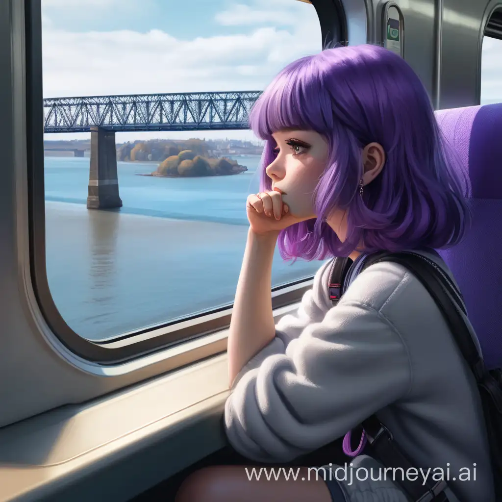 girl with purple hair sat in a train, her chin resting on her hand. She's looking out of the window to the view of water and a bridge. 