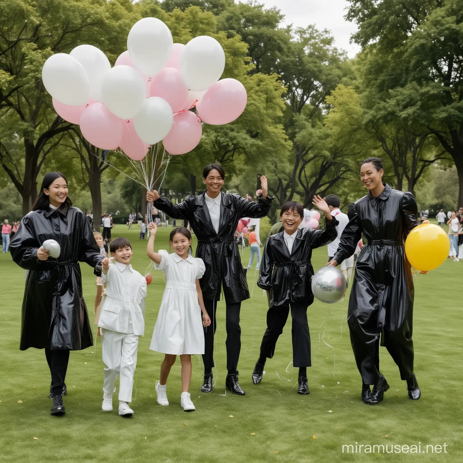 Show me a Balenciaga advertising campaign with adults and their children in a park playing with balloons. There are four adults and four children: one white, one black, one Asian . They are dressed in Balenciaga and smiling.