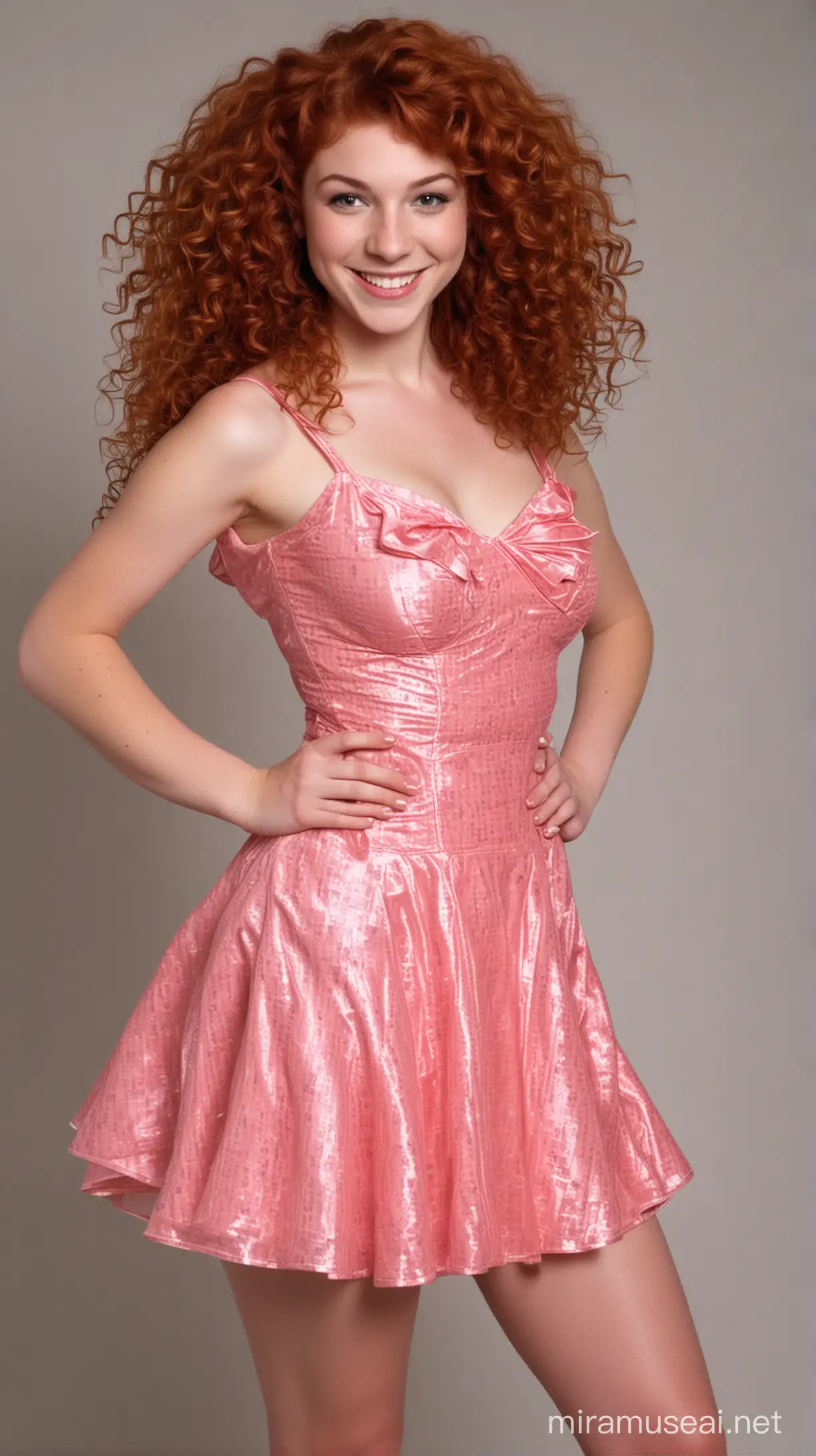 Sexy, 170lbs, teen, High school trans girl , party girl, circa 1980's, huge volumized blowout salon styled Irish red curly hair, wearing short sexy teen party attire to show off her curves, showing feminine deportment and a vapid demure smile, facing the viewer, full body image