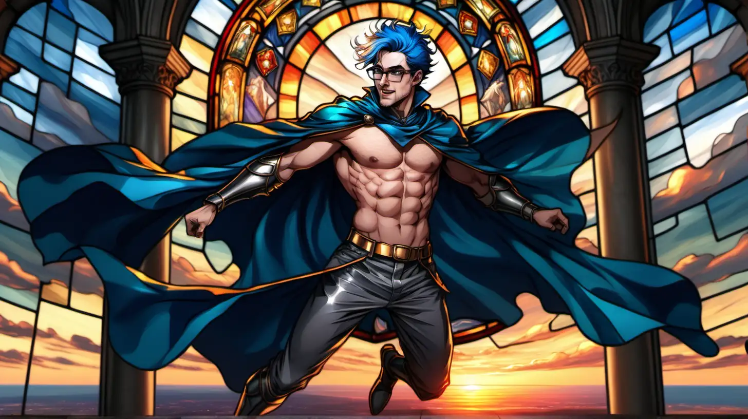 Handsome blue hair knight stubbles glasses shirtless short hair show hairy chest show abs show legs muscular flying mid air stained glass cape flowing in the wind sunset 