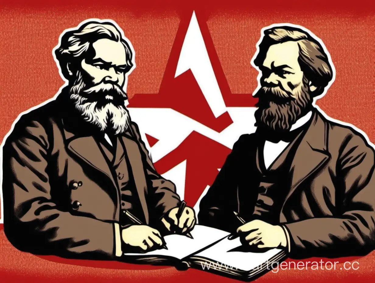 Маркс и Энгельс пишут книгу на фоне коммунизма
