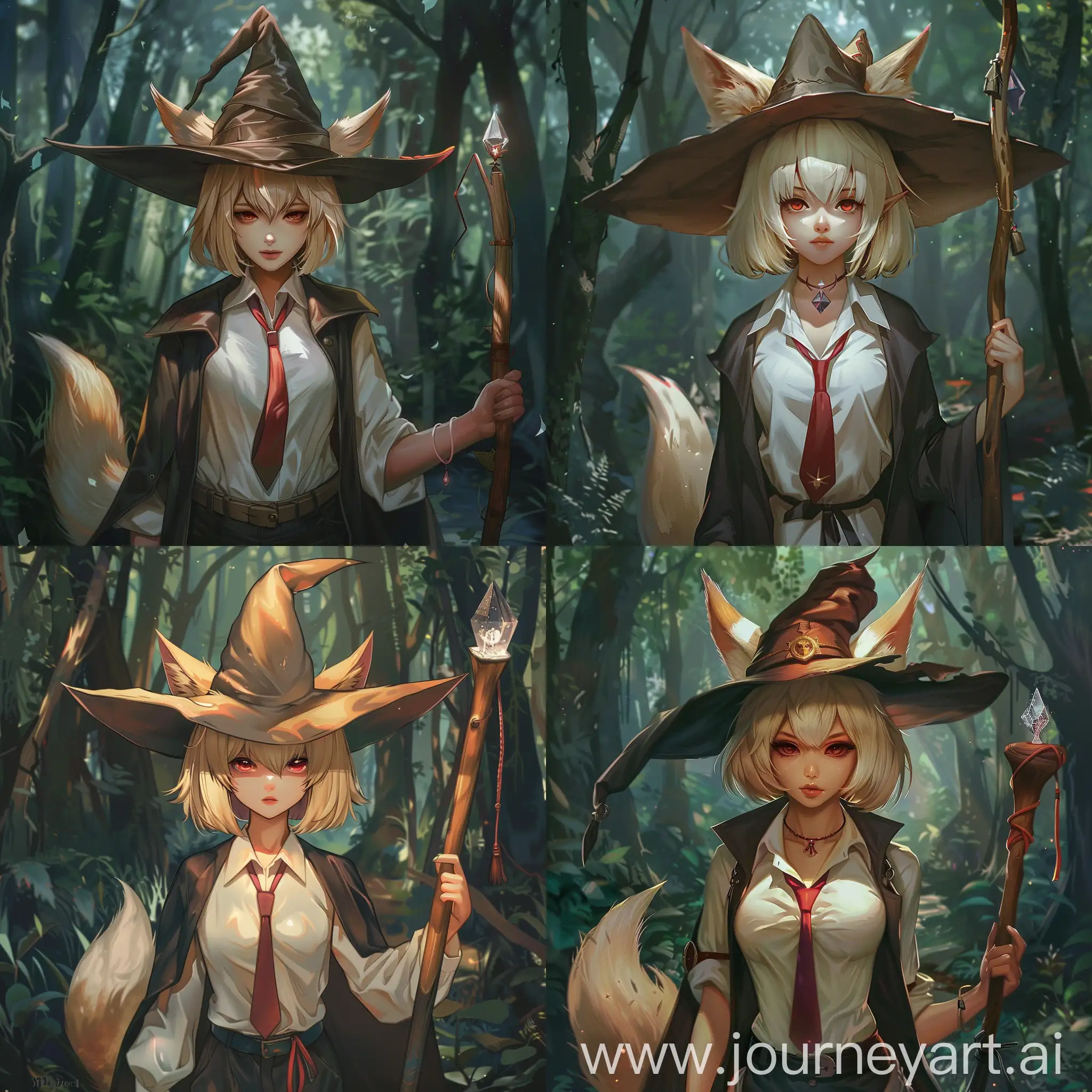Kitsune has blonde short hair that is shoulder length, she has straight bangs, her bangs is parted in the center, this type of bangs is also called curtain bangs. she has two fox tails the same color as her hair. She is wearing a white shirt, a red tie and a black robe. Her eye color ranges from red to green, and her skin is slightly pale. On her head is a large wizard's hat, and her fox ears can be seen sticking out through the holes in the hat. The background is a dark and dense forest. She walks through this forest. In his right hand he holds a wooden staff with a crystal on top. Fantasy anime style
