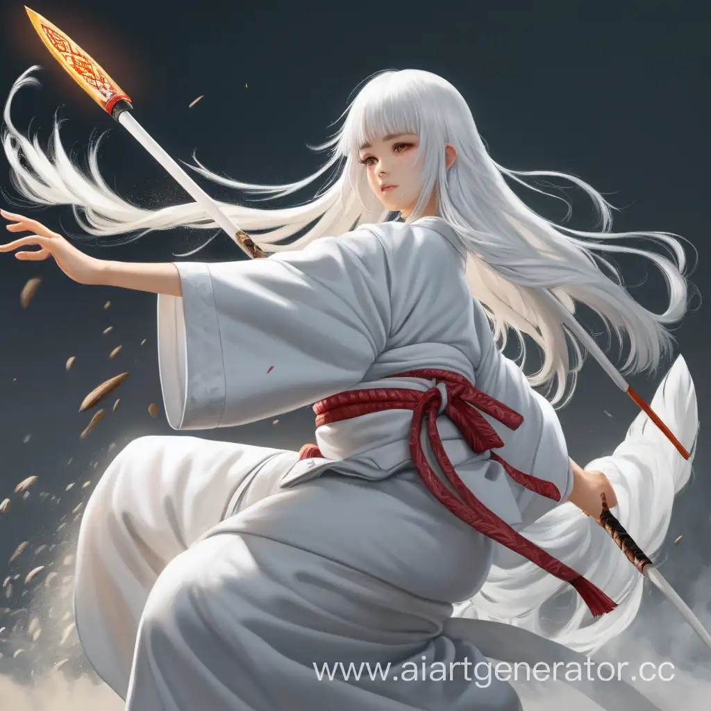 Девушка с белыми длинными волосами в белом кимано с копьём в руках сражается
