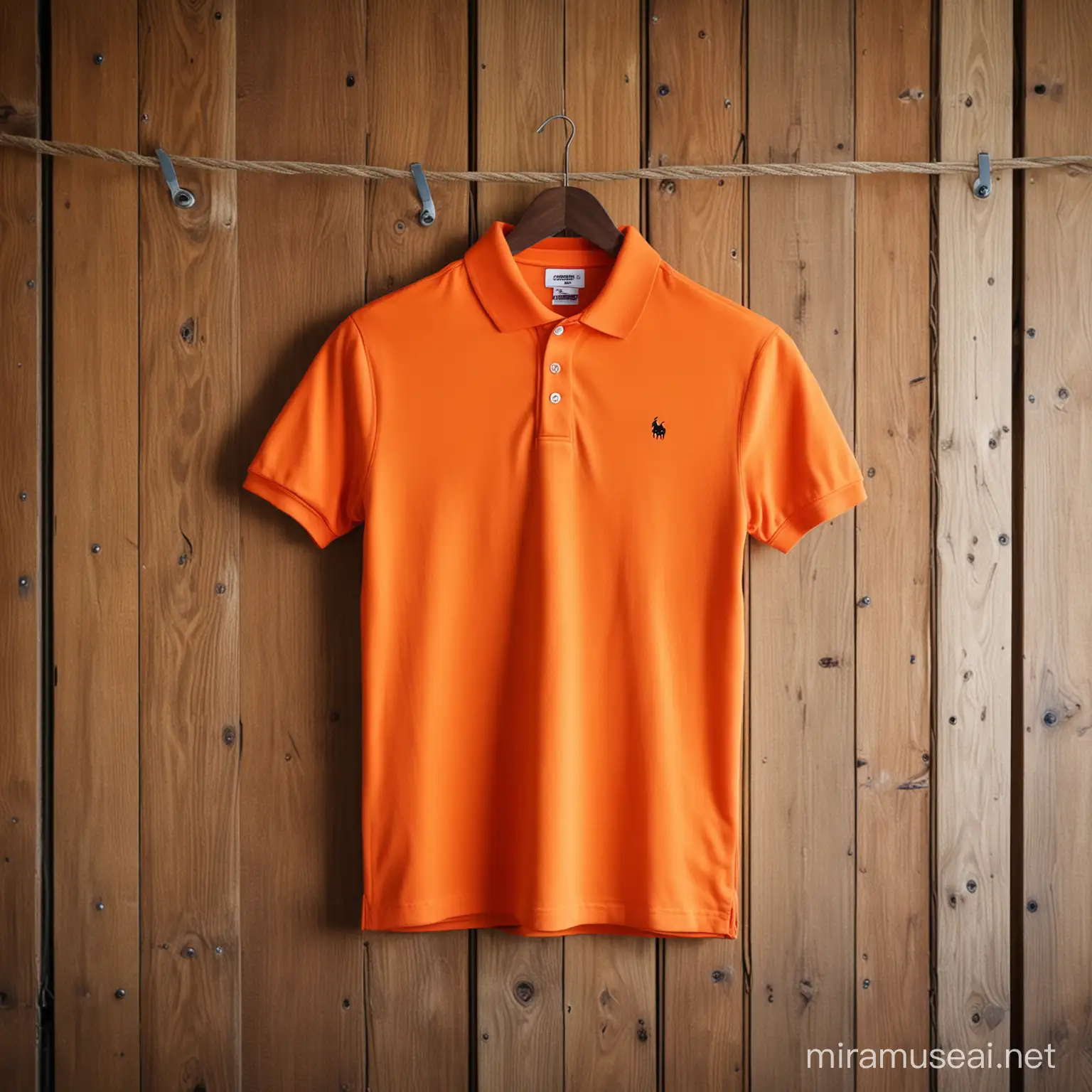 Orange Polo Shirt Displayed on Rustic Wooden Wall