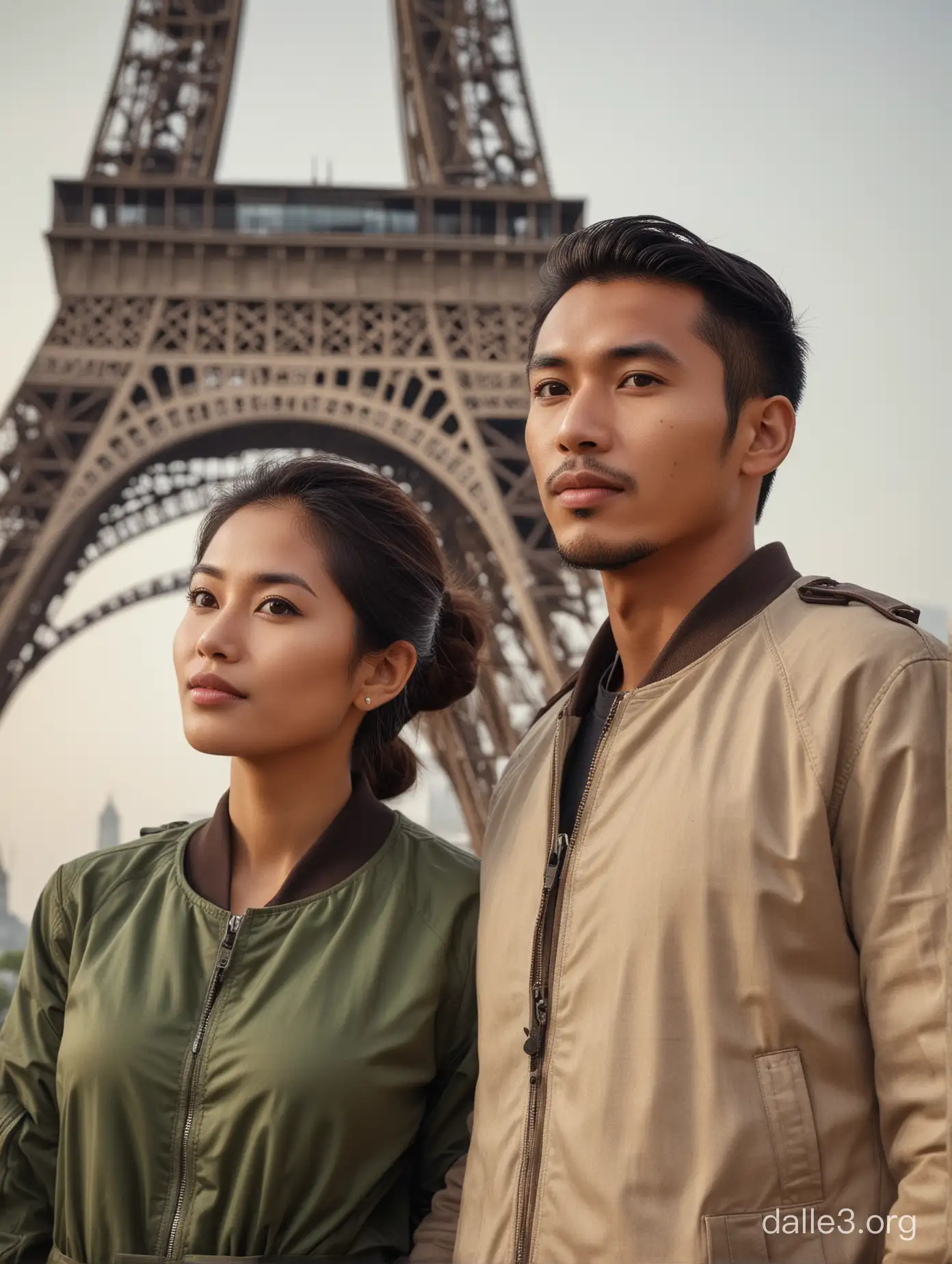  A pair of Indonesian lovers, man and women Javanese (30 years old, oval and clean face, thin body, Indonesian-style skin, wearing a jacket bomber) standing posing like a model on the Great tower Eiffel of Paris,photo slightly tilted to the side, visible face, atmosphere morning,minimal lighting, sunrise liight. ultra HD, real photo, very detail very sharp, 18mm lens, realistic, photography, leica camera