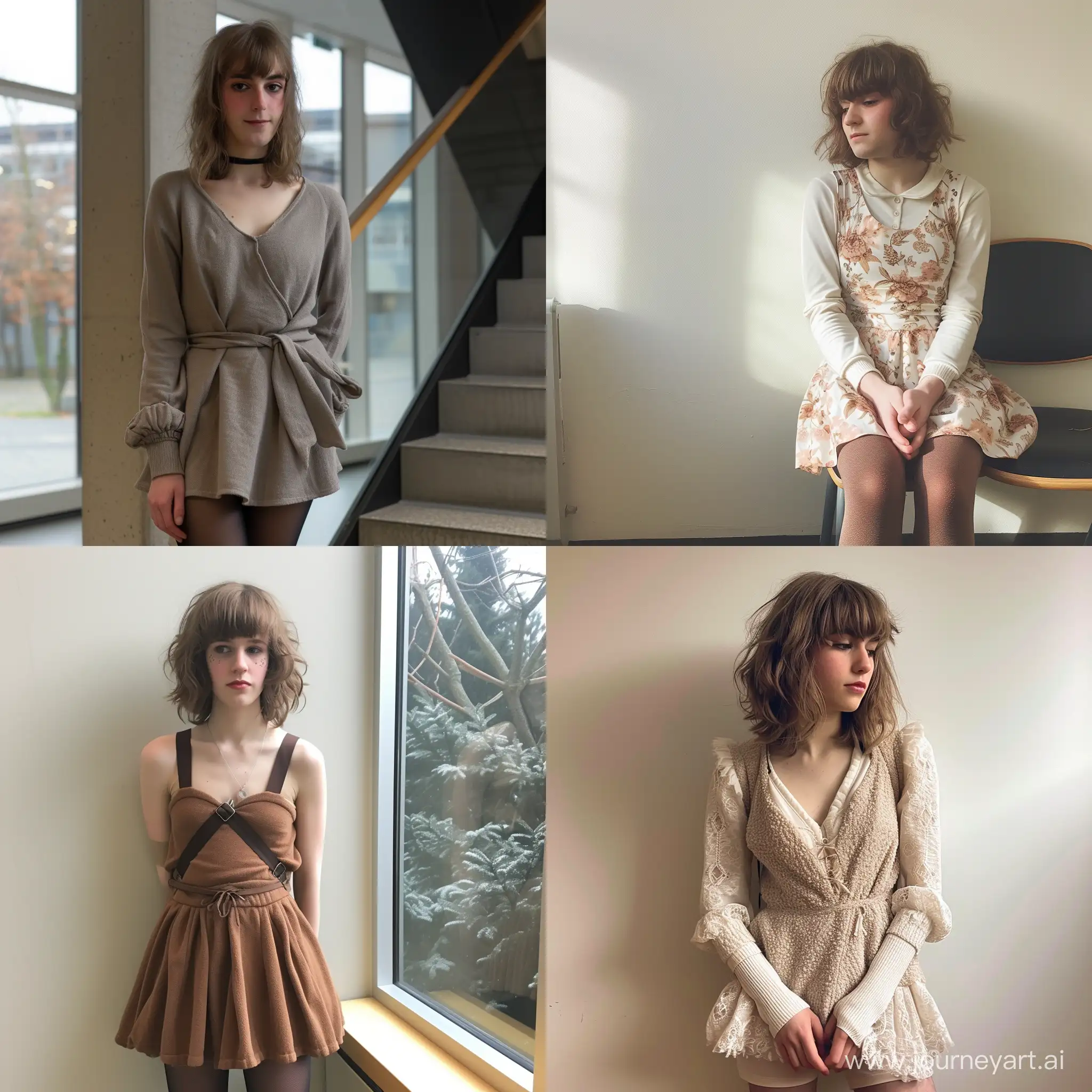 transgender girl in school, outfit contains cozy dress and tights, little makeup, looks shy