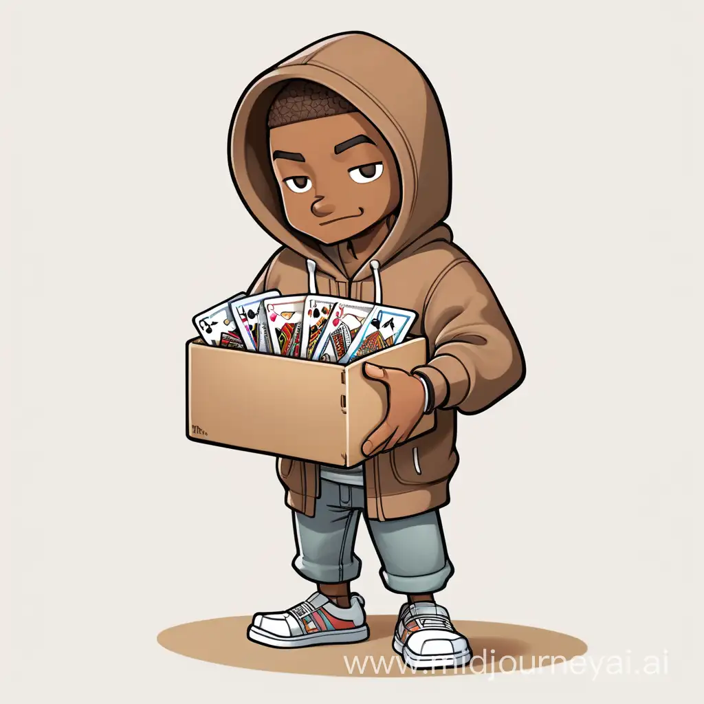 Cartoon Nomad with Hoodie Holding Open Box of Cards