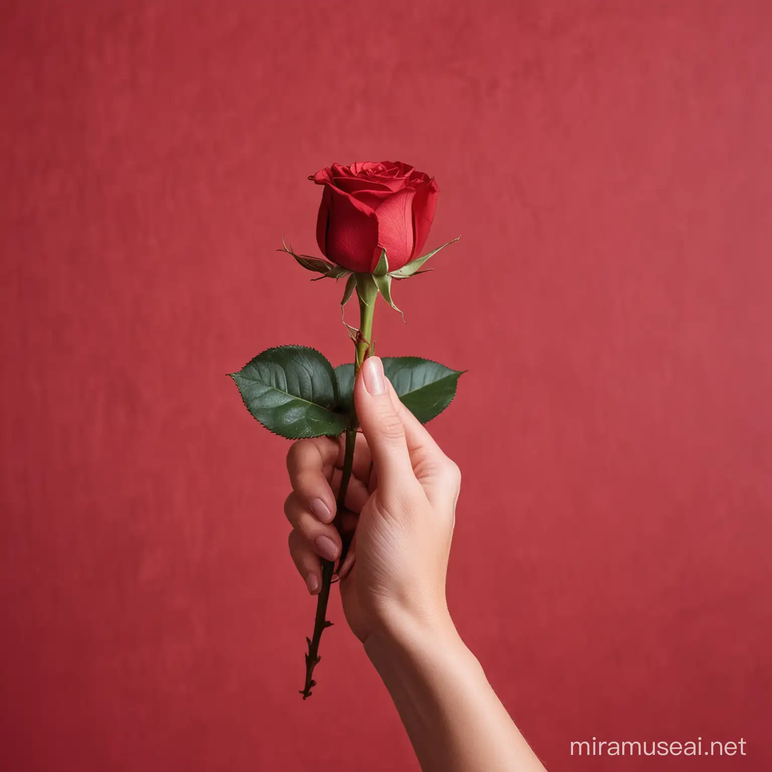 Womans Hand Holding Rose on Red Background