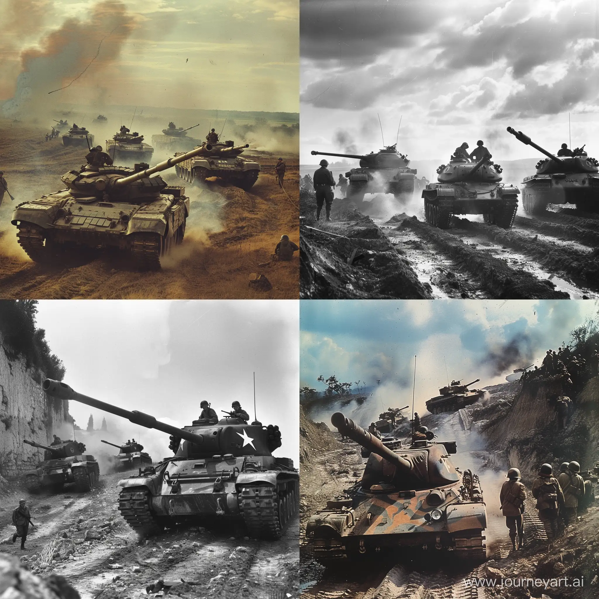 Tanks, together, at war, soldiers nearby, thunder of war