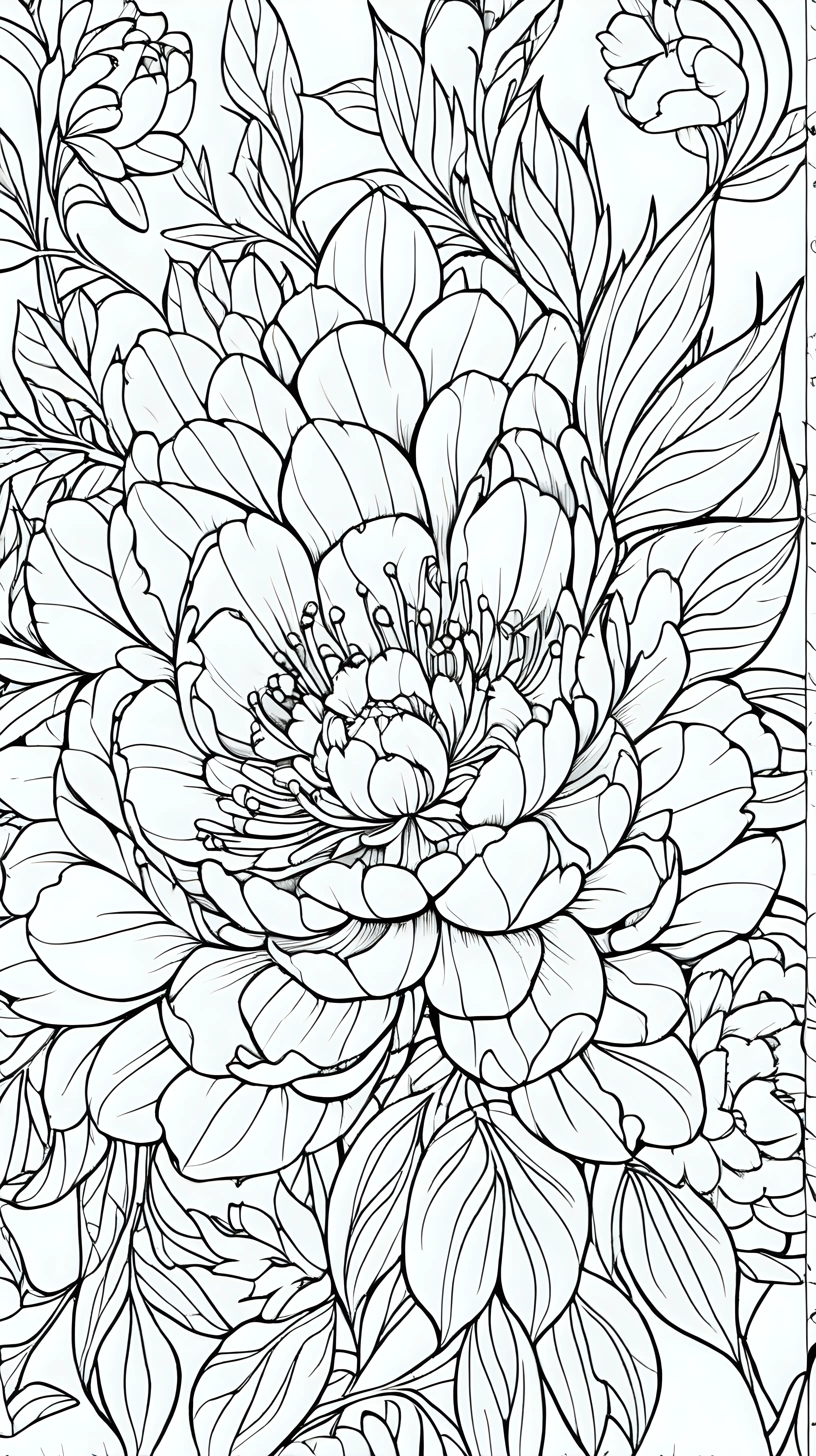 coloring book image, thin black lines, patterned floral mandala pattern, peony
