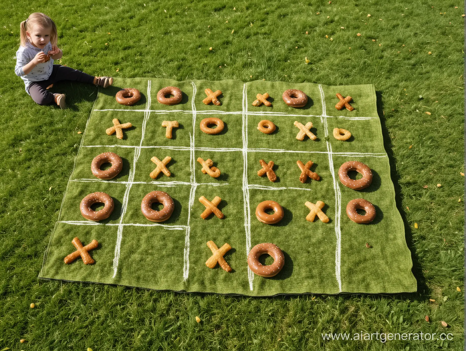 Дети играют в большую игру «Крестики-нолики» на траве. Всего 9 ячеек.Крестики-шоколад, нолики-пончик. На фоне парк, дети