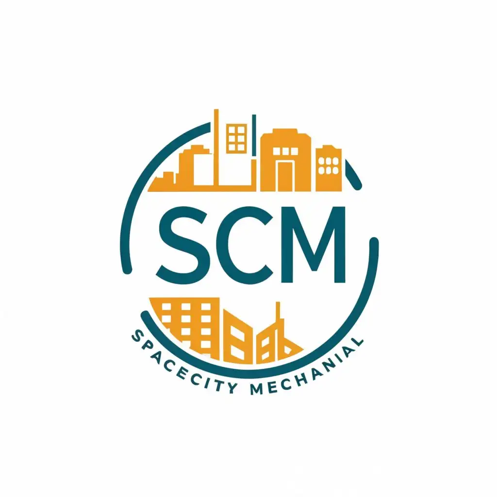 logo, A circle with  in that scm. SCM is overlapping and the expansion of scm as spacecity mechanical, with the text "Spacecity mechanical", typography, be used in Automotive industry