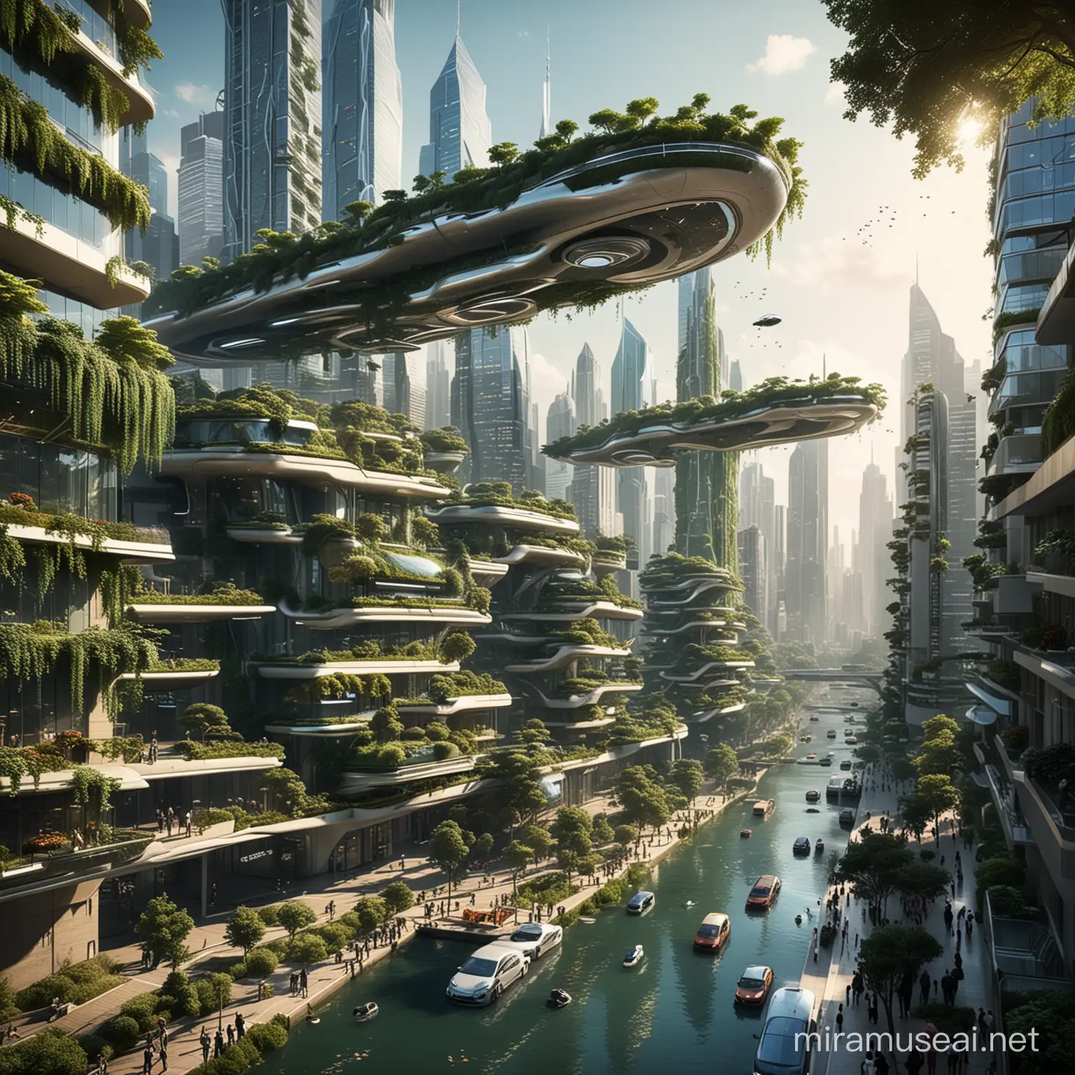 The image depicts a futuristic cityscape, bustling with activity and towering skyscrapers that gleam with advanced technology. The streets below are sleek and well-organized, filled with hovercars and pedestrians moving efficiently from one place to another.

Instead of traditional trees lining the streets or in parks, the city utilizes advanced anti-gravity technology to suspend lush greenery in the air. These hanging gardens float at various levels above the ground, creating a stunning visual display and providing a unique solution to urban greenery.

The trees are not confined to a single level; they extend vertically, forming intricate layers of foliage that weave through the airspace of the city. Each tree is equipped with specialized mechanisms that harness sunlight and convert carbon dioxide into oxygen, contributing to the city's clean and breathable atmosphere.

Despite the absence of trees on the ground, the cityscape feels vibrant and alive, with the floating gardens adding a touch of natural beauty to the futuristic skyline. It's a perfect example of how innovation and technology can coexist with nature, creating a sustainable and harmonious environment for future generations.