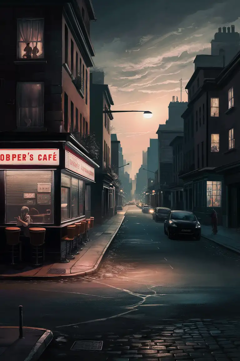 The painting portrays a quiet, atmospheric street scene at dusk, reminiscent of Edward Hopper's signature mood. The canvas is dominated by a dimly lit urban street, flanked by two-story buildings on both sides. The buildings are bathed in a soft, warm glow from the scattered streetlights and the last remnants of daylight on the horizon.

On the left side of the composition, there's a small, old-fashioned diner with a neon sign that reads "Hopper's Café." Its interior is dimly lit, revealing a lone figure sitting at the counter, their silhouette slightly illuminated by the counter's edge. The figure appears lost in thought, their face half-hidden in the shadows.

The right side of the street features a row of residential buildings with large, rectangular windows. Behind these windows, we catch glimpses of life unfolding within. In one window, a person can be seen reading a book, while in another, a couple sits quietly at a dining table, their faces obscured by the reflection of the interior light. These glimpses into the private lives of the inhabitants create a sense of voyeuristic intrigue, characteristic of Hopper's work.

The street itself is mostly deserted, with only a few parked cars casting long, dramatic shadows. The cobblestone road glistens with moisture from an earlier rain, intensifying the play of light and shadows. The distant streetlight at the end of the road casts a soft, ethereal glow, drawing the viewer's eye toward the vanishing point.

Above, the sky transitions from deep, dusky blue near the horizon to a purplish hue higher up, signaling the approaching night. A few stars twinkle faintly in the sky, further enhancing the sense of solitude and isolation.

In this digital painting, the essence of Edward Hopper's distinctive mood, use of light, and ability to convey a narrative through visuals is captured, evoking a sense of quiet contemplation and nostalgia.