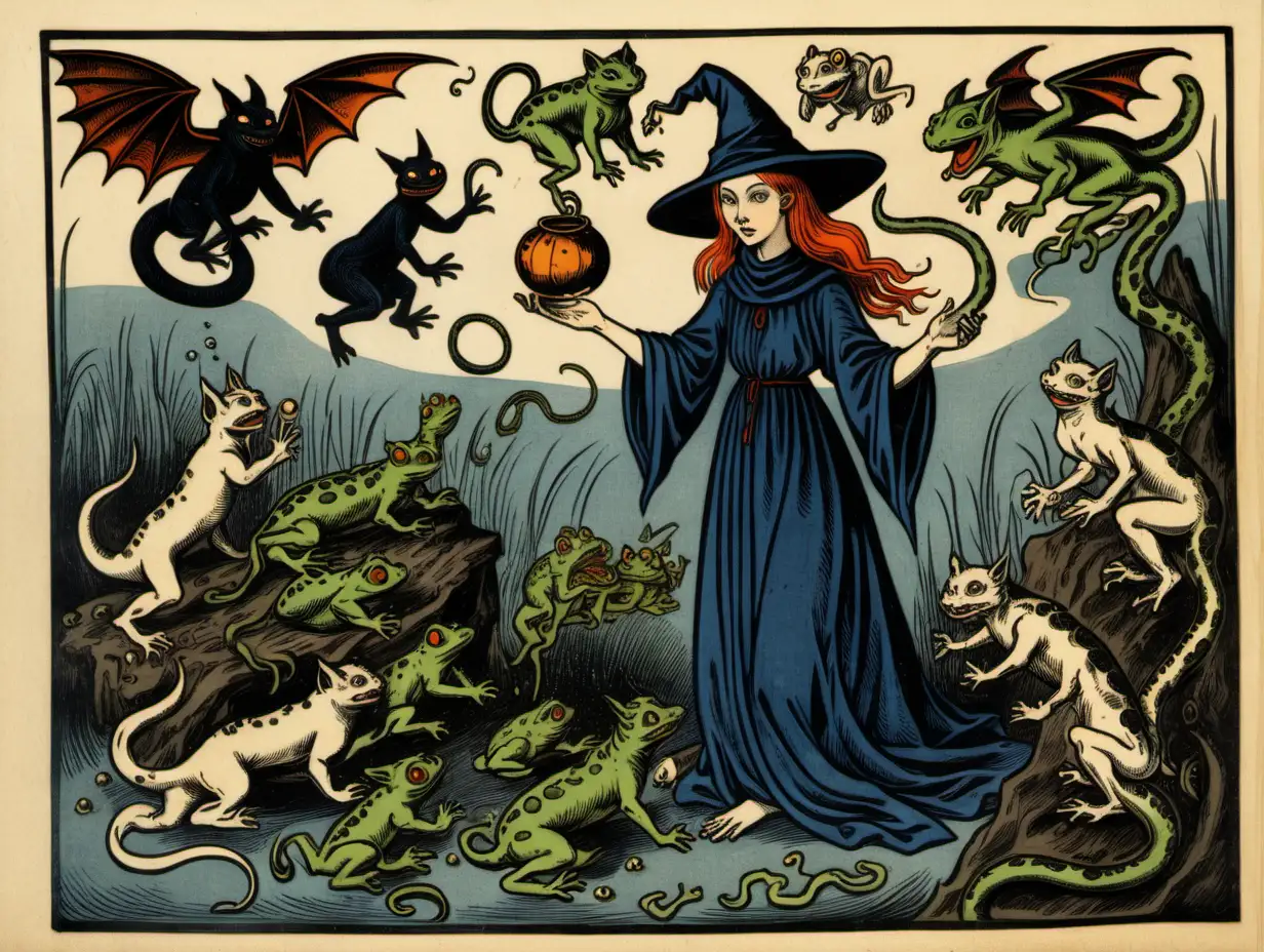 14th Century Young Witch Summoning Creatures in Woodblock Print