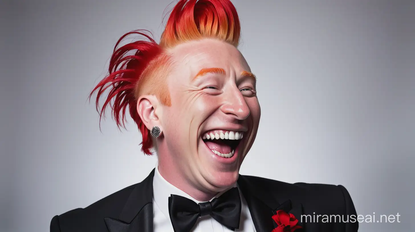 a portrait of bello nock laughing. he is wearing a tuxedo. He has tall red hair and earrings