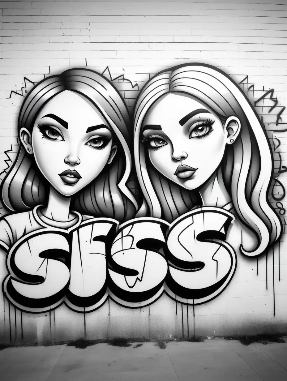 Create a graffiti colouring page, all white , black outline, no colour, graffiti art, with the word SIS, with portrait of two women behind SIS , on a wall, no shading, low detail, white background , colouring page, graffiti art style, cartoon art style