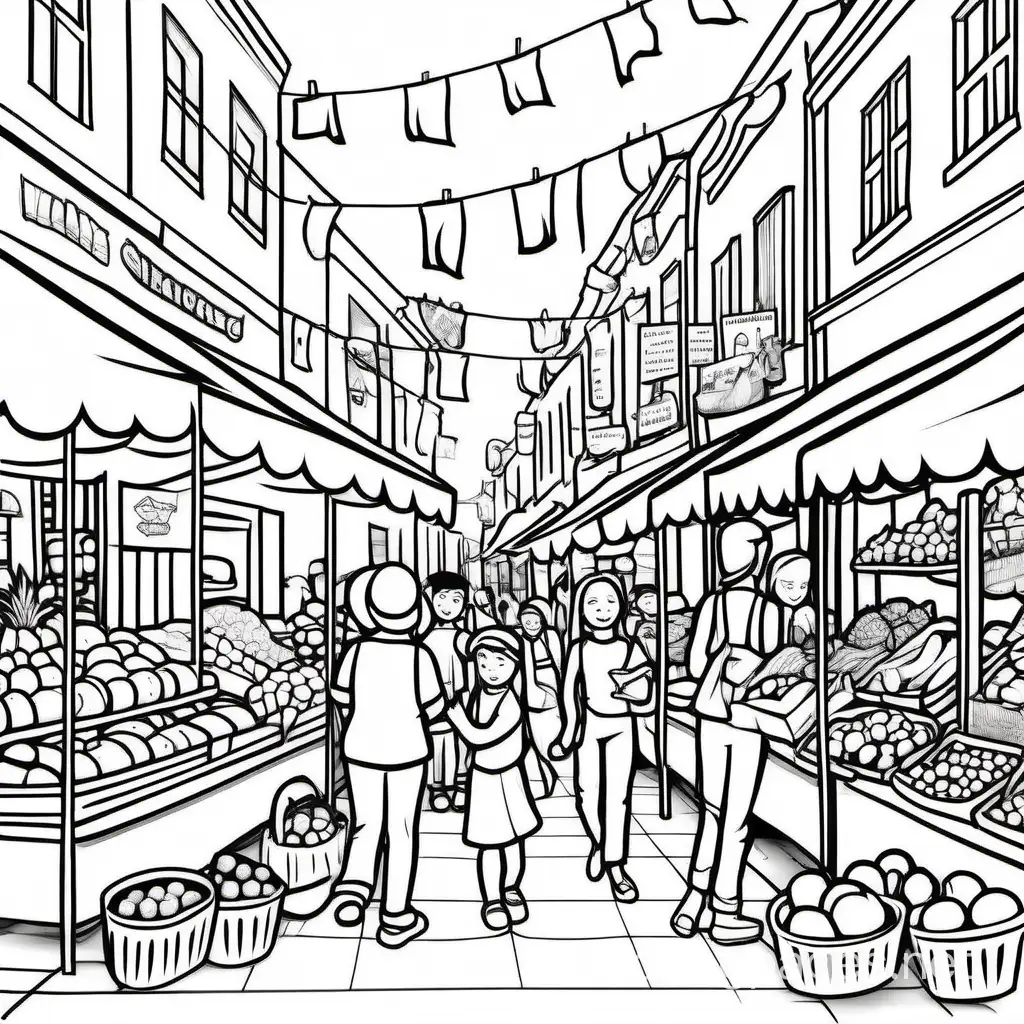 A cheerful street market bustling with activity, vendors selling colorful fruits, vegetables, and handmade crafts., Coloring Page, black and white, line art, white background, Simplicity, Ample White Space. The background of the coloring page is plain white to make it easy for young children to color within the lines. The outlines of all the subjects are easy to distinguish, making it simple for kids to color without too much difficulty