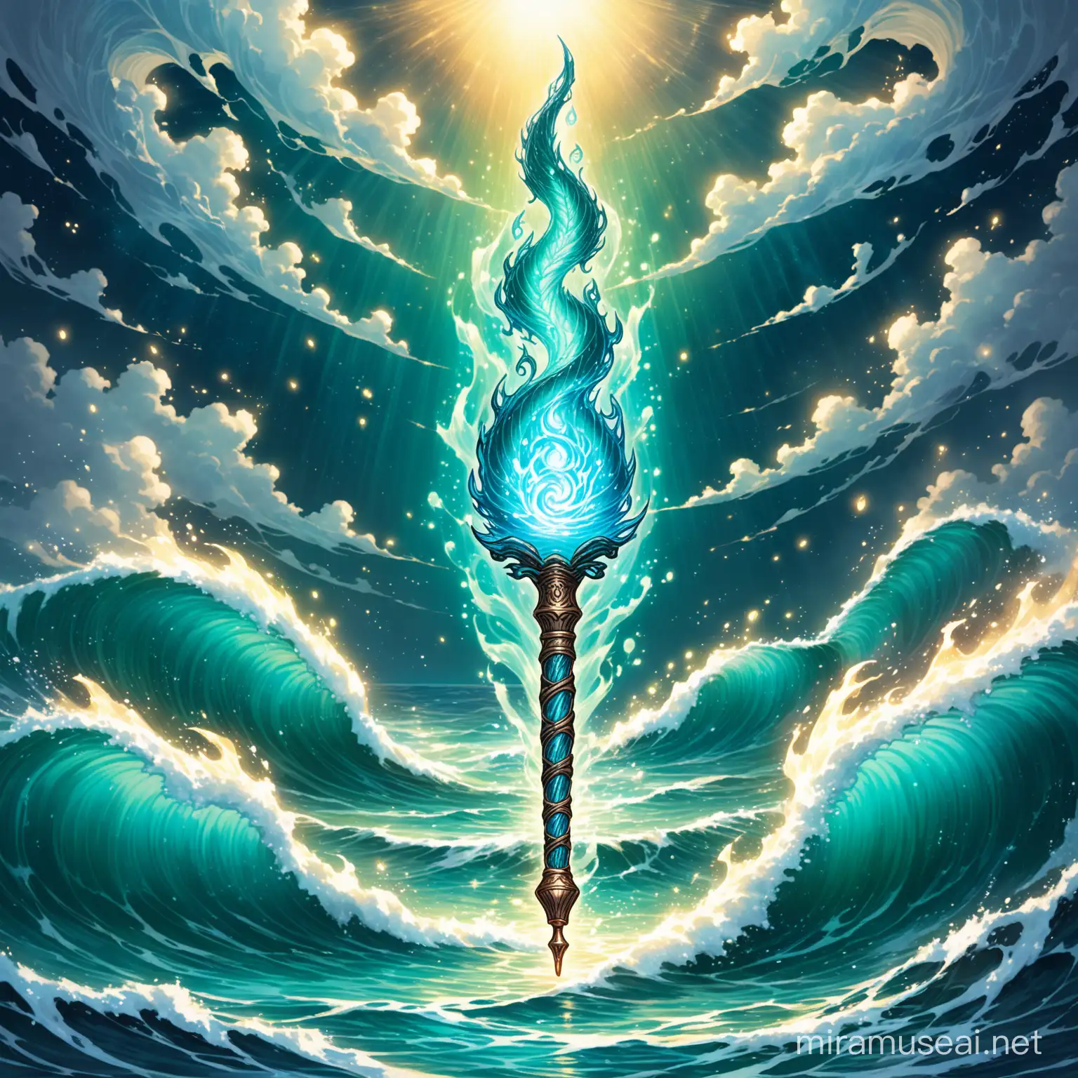 The 12.8-inch magic wand is crafted from rare sea-blue oak, a mystical wood known for its connection to the depths of the ocean and its calming energy. The wand is elegantly carved with intricate patterns resembling waves and sea creatures, enhancing its magical aura.

Infused with the potent essence of dragon's breath, the wand emits a faint, ethereal glow that shimmers like flames dancing on water. This enchanting energy imbues the wand with a fiery power that can be harnessed by skilled magicians to cast powerful spells and channel elemental forces.

When held in the hand of a skilled magician, the sea-blue oak wand resonates with ancient magic, allowing its wielder to tap into the raw power of the elements and weave spells of great potency. Its connection to the sea and the dragons infuses it with a sense of mystery and power, making it a prized possession for any sorcerer or wizard seeking to unlock the secrets of the arcane.

