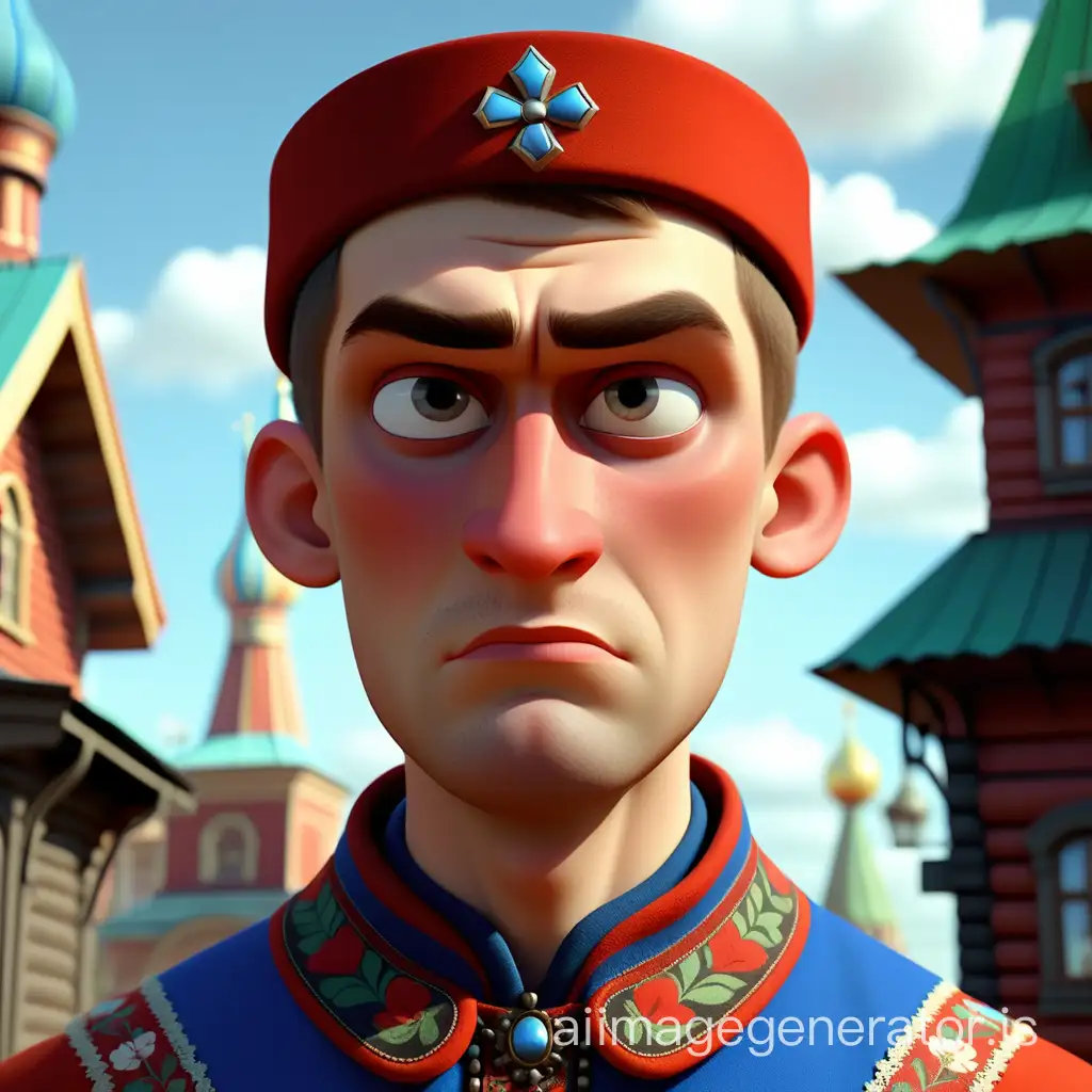 the face of a serious Russian young man with broad shoulders in traditional Russian clothes, in the style of Pixar? 4k