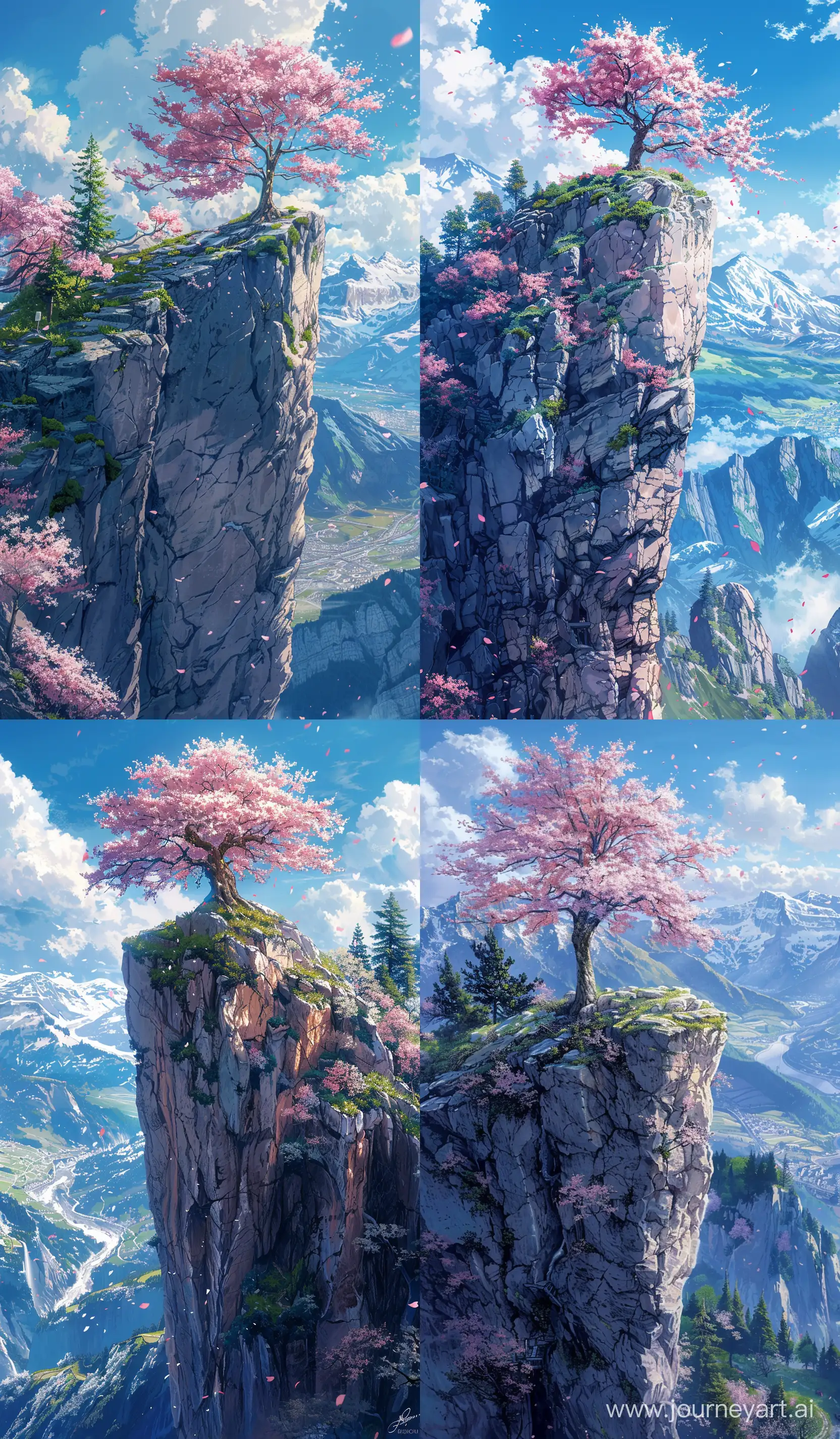 Beautiful anime scenary, mokoto shinkai style, view of rock cliff, cherry blossom tree one top , close up perspective, spring comming, beautiful contrast, blue sky, illustration, breeze, Switzerland mountain side view, ultra HD, high quality, smooth details, anime scenary, no hyperrealistic --ar 10:17 --s 400