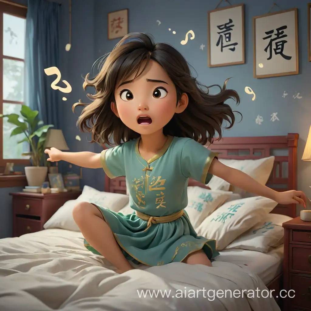 a girl cannot fall asleep in her bed because she dreams of Chinese characters that are alive and dancing around her