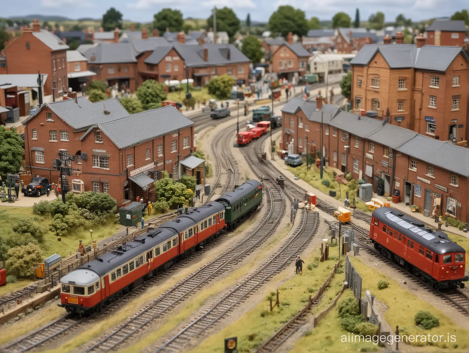 model railway minature diorama with track, signal box steam train and bus at level crossing with factory in the background