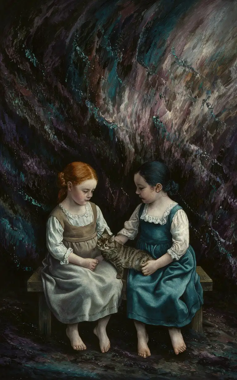oil painting - Two girls with cat
 - oily background