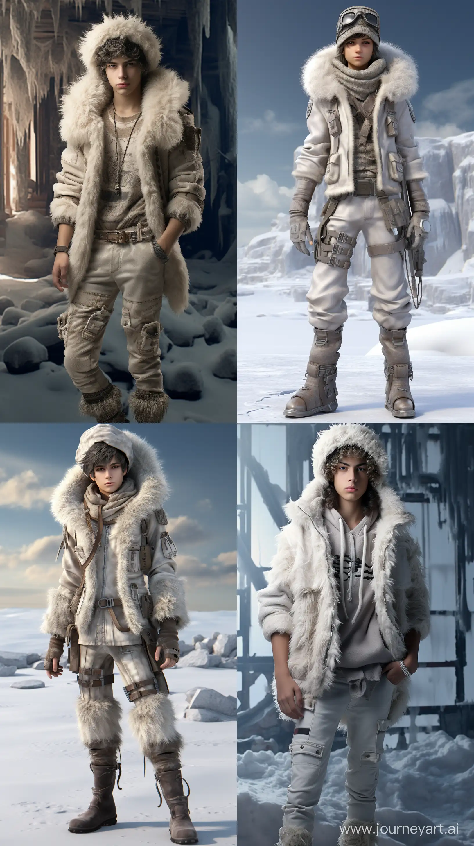Here is the realistic image of a pretty 18-year-old boy in a post-apocalyptic setting, dressed in a communist snow camouflage military uniform with a sheepskin aviator hat, snow leggings, and Nutukas. The full-body shot is rendered in a highly detailed 8K resolution, providing a full-length view from head to toe, with the subject centered and uncropped --ar 9:16
