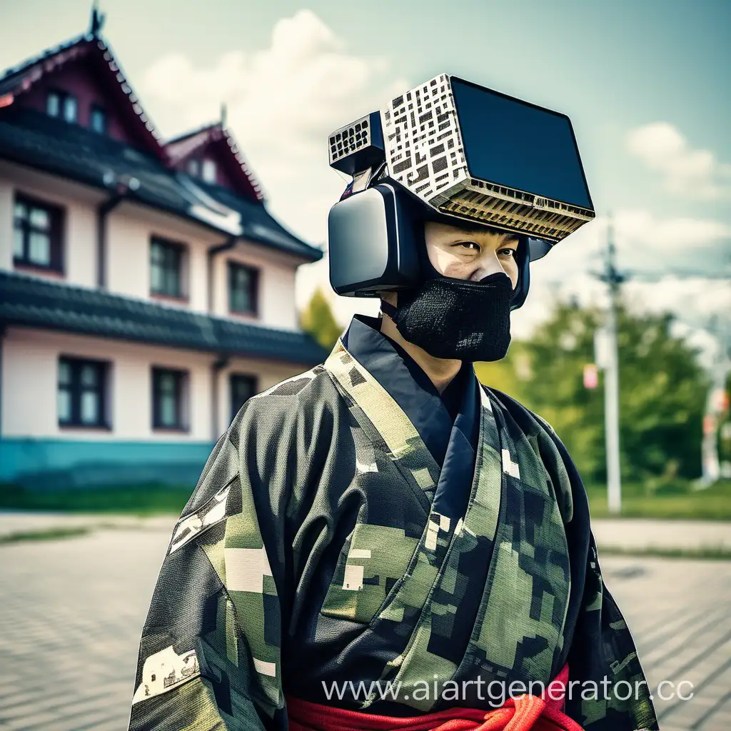 Самурай, в пиксельном камуфляжном кимано , на голове шлем FPV, в Калининграде 
на фоне Дома Советов