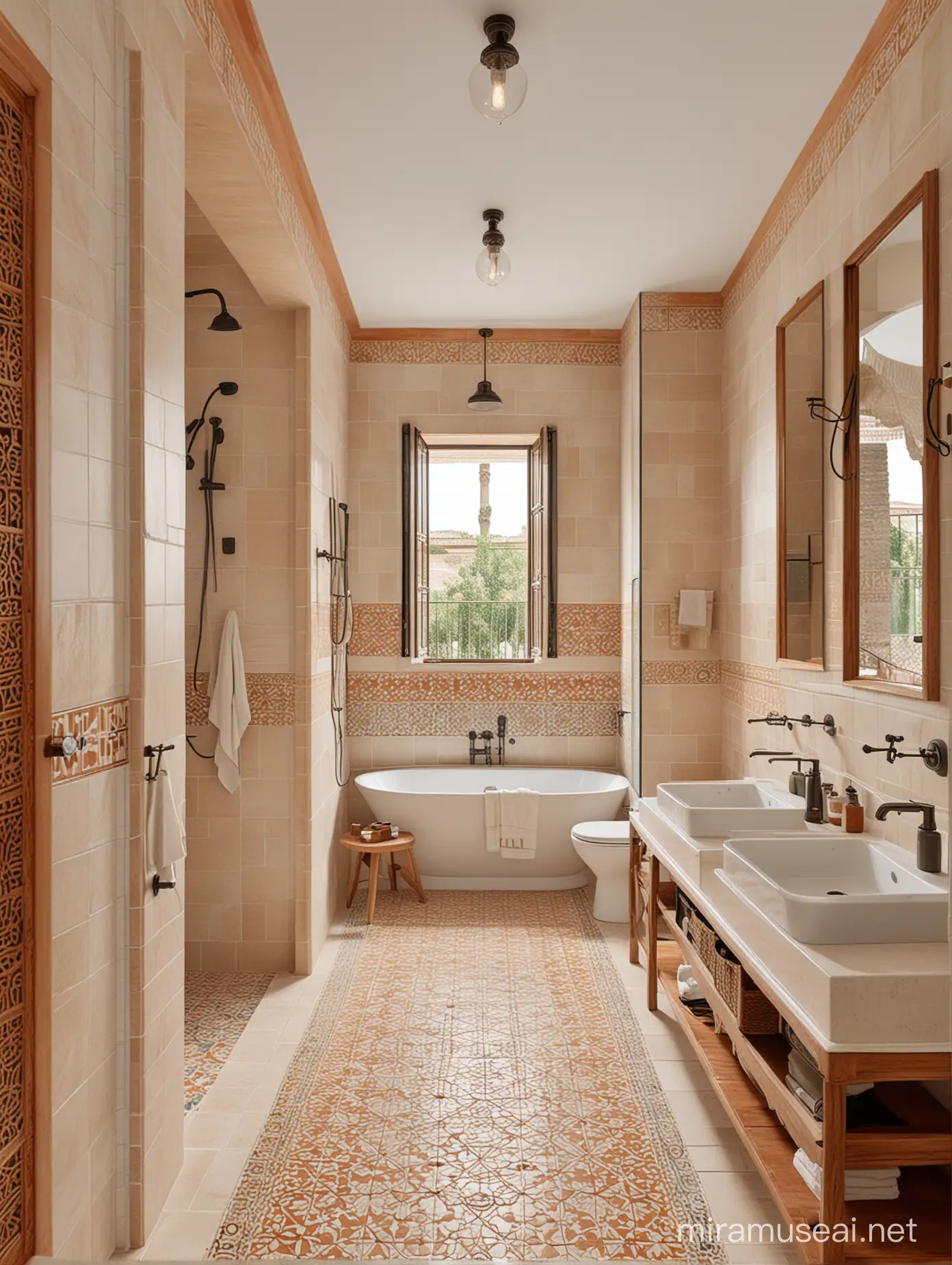 wygeneruj wizualizacje duzej łazienki w andaluzyjskim domu. Styl nowoczesny z akcentami andaluzyjskimi, azulejos na podłodze w kolorach beż i terracota, duzą kabina prysznicowa, 2 umywalki 