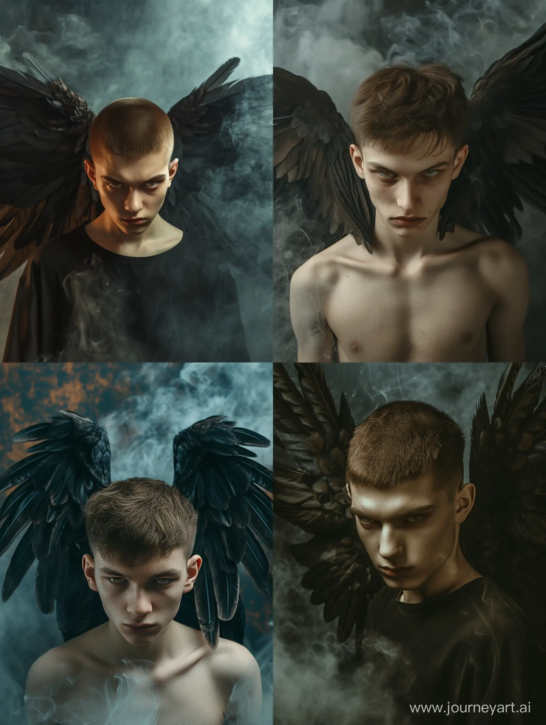 a hyperrealistic dramatic photograph of a slender, handsome 20-year-old Slavic guy, brown hair, short haircut, two large black wings behind his back, a sinful vicious angel, his head is lowered and an evil gaze is directed at the camera from under his brow, smoke is around