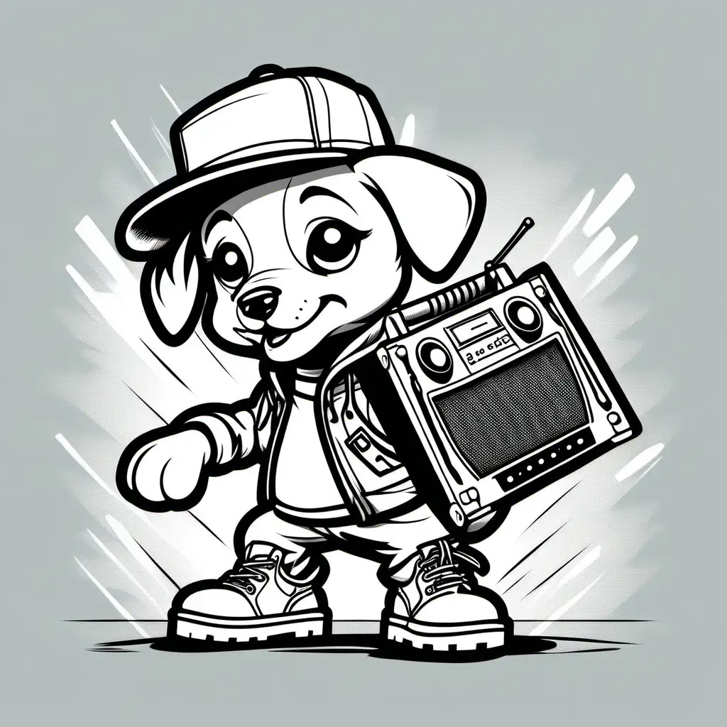 One cute Hip Hop puppy with a hat and timberland boots and a big boom box running in the street, clear lines no shading, coloring pages 