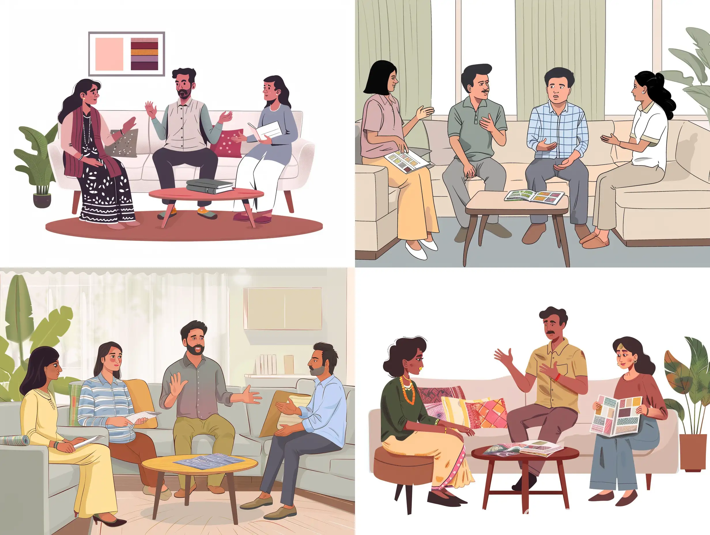 a studio manager talking to customers in a furniture studio; customers are indian, sitting on the sofa, looking at the studio manager talk; one of the customer is holding a fabric selection book; studio manager is talking while making hand gestures; the manager is sitting on a coffee table; make it super detailed; the faces should be super accurate