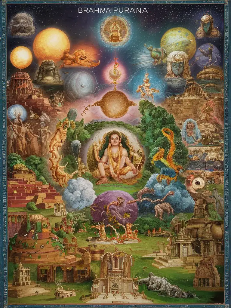 A depiction of various realms and ages, illustrating the comprehensive nature of the Brahma Purana's content.
