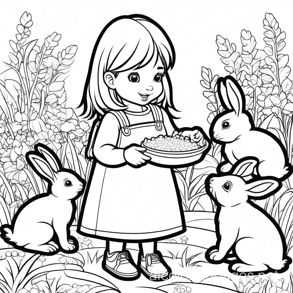 Adorable little girl feeding bunnies, Coloring Page, black and white, line art, white background, Simplicity, Ample White Space. The background of the coloring page is plain white to make it easy for young children to color within the lines. The outlines of all the subjects are easy to distinguish, making it simple for kids to color without too much difficulty